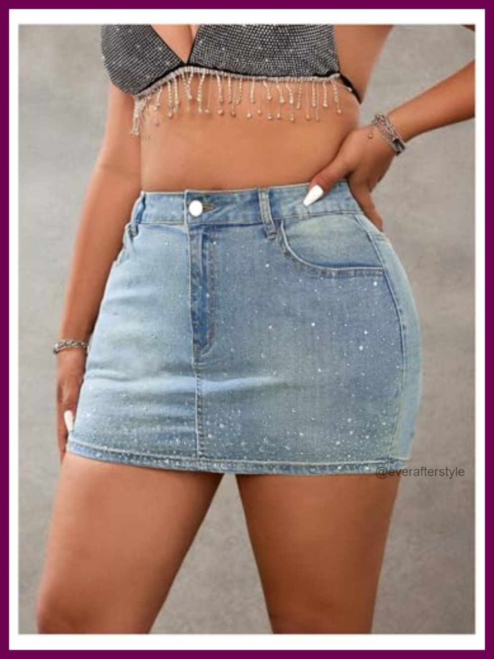 Plus Size High Rise Mini Denim Skirt Rhinestone Stretch - Picture 2 of 4
